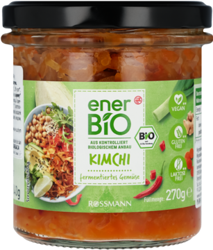 Słoik Ener BIO Kimchi, fermentowane warzywa, zielona etykieta z daniem, chili i logo BIO, widok z przodu.