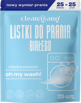 Ssaszetka Cleangang Oh My Wash! 25 listków do prania białego, jasnoniebieska z maszyną, widok z przodu.