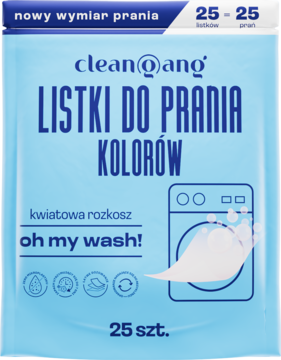 Niebieskie opakowanie Clean@ang Listki do Prania Kolorów, 25 szt., z pralką i napisem 'oh my wash! kwiatowa rozkosz'.