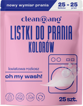 Front różowej saszetki CleanGang Oh My Wash! listków do prania kolorów, 25 szt., z pralką i napisem "kwiatowa rozkosz".
