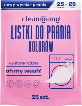 Różowe opakowanie Cleangang Oh My Wash! listki do prania kolorów, 25 sztuk, kwiatowa rozkosz, widok z przodu.