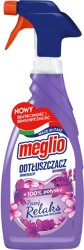 Uniwersalny odtłuszczacz Meglio Poczuj Relaks, fioletowa butelka z kwiatami, zapach bzu i magnolii, widok z przodu.