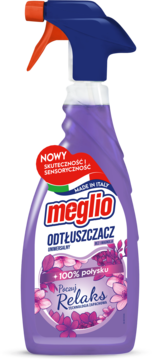 Meglio Odtłuszczacz Poczuj Relaks, fioletowy spray z niebieską rączką, napis "100% połysku", przód.