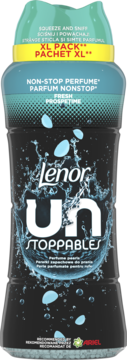 Lenor Unstoppables Fresh XL Pack, ciemna butelka z turkusowymi detalami i napisem NON-STOP PERFUME.