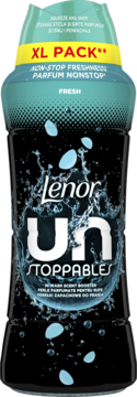 Czarna butelka Lenor Unstoppables Fresh XL PACK, perełki zapachowe, z turkusowymi detalami, widok z przodu.