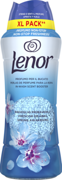Lenor Spring Awakening perełki zapachowe XL, niebieska butelka z kwiatami, widok z przodu.