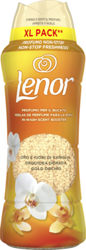 Lenor Gold Orchid perfumowane perełki, złota butelka z białymi orchideami, widok z przodu, XL PACK.