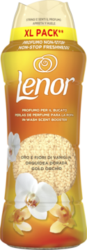 Lenor Gold Orchid & Vanilla perełki zapachowe, butelka XL Pack z orchideami i wanilią, widok z przodu.