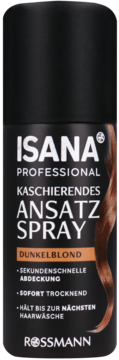 Czarne opakowanie ISANA PROFESSIONAL maskującego sprayu na odrosty, Ciemny Blond, widok z przodu.
