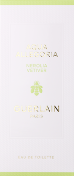 Białe pudełko Guerlain Aqua Allegoria Nerolia Vetiver EDT z zielonymi paskami, złote napisy i zielona pszczoła, widok z przodu.