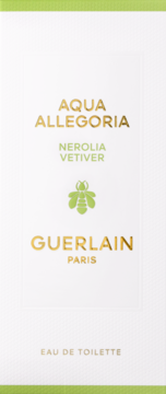 Woda toaletowa Guerlain Aqua Allegoria Nerolia Vetiver, białe opakowanie, złote i zielone napisy, zielona pszczoła.