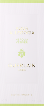 Białe opakowanie Guerlain Aqua Allegoria Nerolia Vetiver EDT, złoty napis, zielone detale i ikona pszczoły.