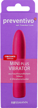 Fioletowe pudełko Preventivo Mini Plus Vibrator z różowym, silikonowym urządzeniem, z przodu, "Limitierte Edition".