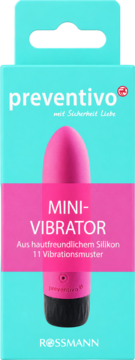 Różowy mini-wibrator Preventivo w opakowaniu Rossmann z tekstem o 11 trybach wibracji, silikon.