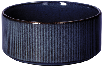 Ciemnoszara ceramiczna salaterka 14cm z brązową obwódką i pionowymi rowkami, widok z góry.