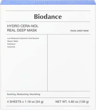 Białe opakowanie zestawu Biodance Hydro Cera-Nol Real Deep Mask (4 hydrożelowe maski), z nazwą i składnikami, widok z przodu.