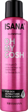 Isana Oh My Gosh Glowspray, różowy spray rozświetlający do włosów z olejkiem arganowym, widok z przodu.