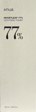 Jasnobeżowe opakowanie Anua Heartleaf 77% Soothing Toner, widok z przodu, z dużym napisem '77%' i pojemnością 500 ml.