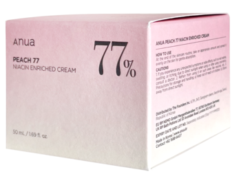Jasnoróżowy krem Anua Peach 77% Niacin Enriched w kartoniku, nawilżający do twarzy, widok z przodu i boku.