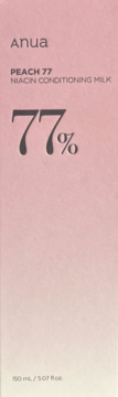 Anua Peach 77% Niacin Conditioning Milk, pionowe opakowanie o gradientowym odcieniu brzoskwiniowego różu.