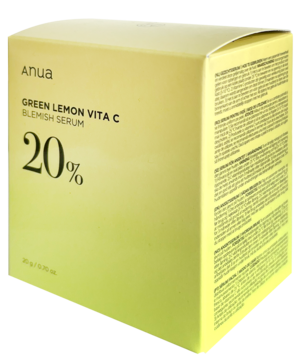Anua Green Lemon Vita C Blemish Serum 20% w jasnożółtym pudełku z gradientem, widok z przodu i boku.