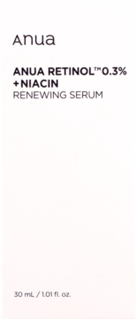 Białe opakowanie Anua Retinol 0.3% + Niacin Renewing Serum, z czarnym tekstem i objętością 30ml, widok z przodu.