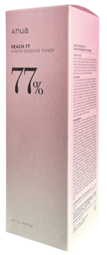 Różowe pudełko nawilżającego toniku Anua Peach 77% Niacin Essence Toner, widoczne pod kątem, z dużym napisem 77%.