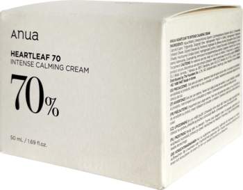 Krem Anua Heartleaf 70% Intense Calming Cream 50ml w beżowym pudełku, widok z przodu i prawego boku.