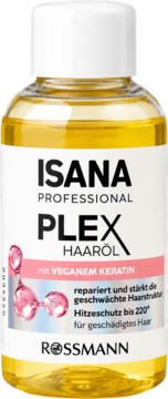 Isana Professional Plex, olejek do włosów zniszczonych z wegańską keratyną. Przeźroczysta butelka, widok z przodu.