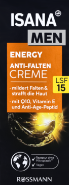 Czarno-pomarańczowy krem Isana Men Energy Anti-Falten Creme z Q10, SPF 15 i peptydami, widok z przodu.