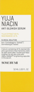 SOME BY MI Yuja Niacin Anti Blemish Serum, żółte pudełko, front, 50ml, z 83% Yuja i 10% Niacynamidu.