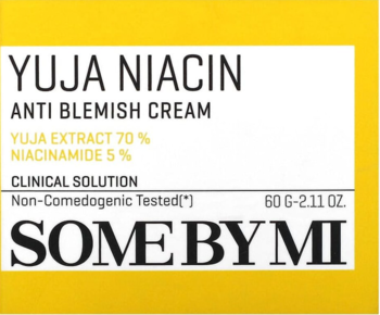 Żółto-biała etykieta kremu Some By Mi Yuja Niacin Anti Blemish 60g z 70% Yuja i 5% Niacinamide.