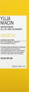 Żółte opakowanie Some By Mi Yuja Niacin Brightening All-in-One Cleanser z białym panelem, widok z przodu.