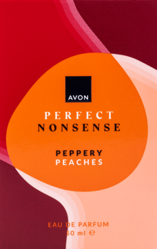 Pudełko perfum Avon Perfect Nonsense Peppery Peaches 50 ml, z abstrakcyjnymi wzorami w odcieniach czerwieni i pomarańczu, z białymi napisami.