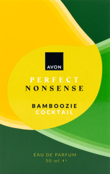 Żółto-zielone opakowanie perfum Avon Perfect Nonsense Bamboozie Cocktail 50 ml, z widocznym logo i nazwą.