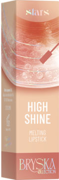 Opakowanie błyszczącej pomadki Stars x Bryska High Shine, brzoskwiniowe z holograficznym logo, widok z przodu.