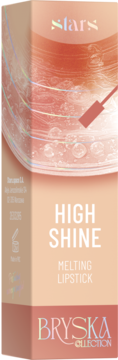 Przednie opakowanie błyszczącej pomadki Stars x Bryska High Shine. Brzoskwiniowe z holograficzną grafiką szminki.