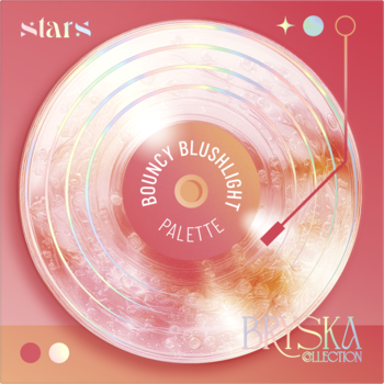 Stars x Bryska Bouncy Blushlight Palette. Okładka z iridescentnym winylem, różowo-pomarańczowy, świetlisty design.