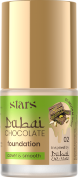 Podkład Stars Dubai Chocolate 02 Neutral Light, wygładzający, z kakao i pistacjami, butelka, widok z przodu.
