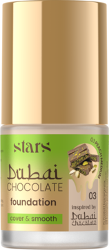 Stars Dubai Chocolate foundation Peach Medium, gold-capped bottle with green label and chocolate-pistachio graphic.