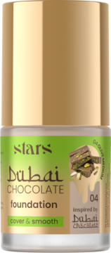 Podkład Dubai Chocolate foundation 04 cover&smooth, butelka z zieloną etykietą, złotą nakrętką.