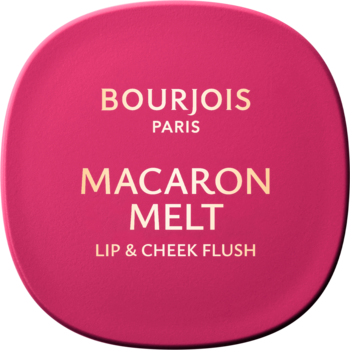 Intensywnie różowy, okrągły kompakt Bourjois Macaron Melt Lip & Cheek Flush, widok z góry.