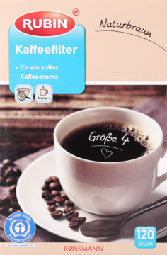 Brązowe opakowanie filtrów do kawy RUBIN Naturbraun, rozmiar 4, z filiżanką czarnej kawy. Dla idealnie filtrowanego smaku.