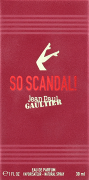 Czerwone opakowanie wody perfumowanej Jean Paul Gaultier So Scandal! 30ml z intrygującą grafiką nóg.