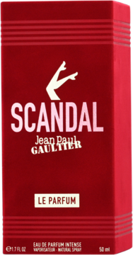 Czerwone pudełko perfum Jean Paul Gaultier Scandal Le Parfum 50ml, z białym napisem i logo damskich nóg, widok z przodu.