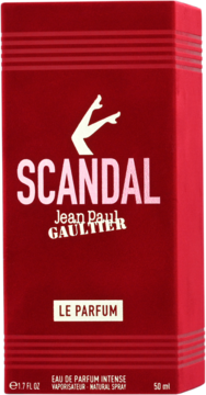 Czerwone pudełko perfum Jean Paul Gaultier Scandal Le Parfum 50ml, z białym napisem i logo damskich nóg, widok z przodu.