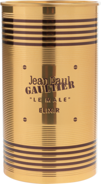 Złota puszka Jean Paul Gaultier Le Male Elixir, cylindryczna, z poziomymi liniami, czarnym napisem, widok z przodu.
