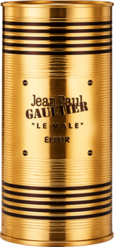 Złota puszka Jean Paul Gaultier Le Male Elixir, męska woda perfumowana, żeberkowana, z czarnymi pasami.