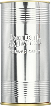 Srebrna, metalowa puszka perfum Jean Paul Gaultier Classique z wytłoczonym logo i poziomymi żłobieniami, widok z przodu.
