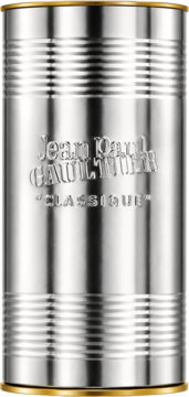 Srebrne metalowe opakowanie Jean Paul Gaultier Classique ze złotymi brzegami, z tłoczonym logo i żłobieniami.